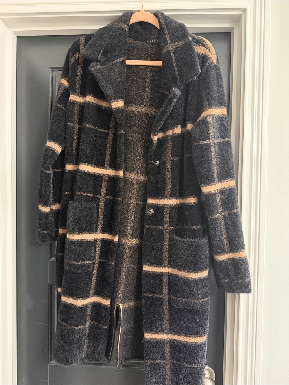 Cyrus Black and Tan Windowpane Wool Blend Trench Coat